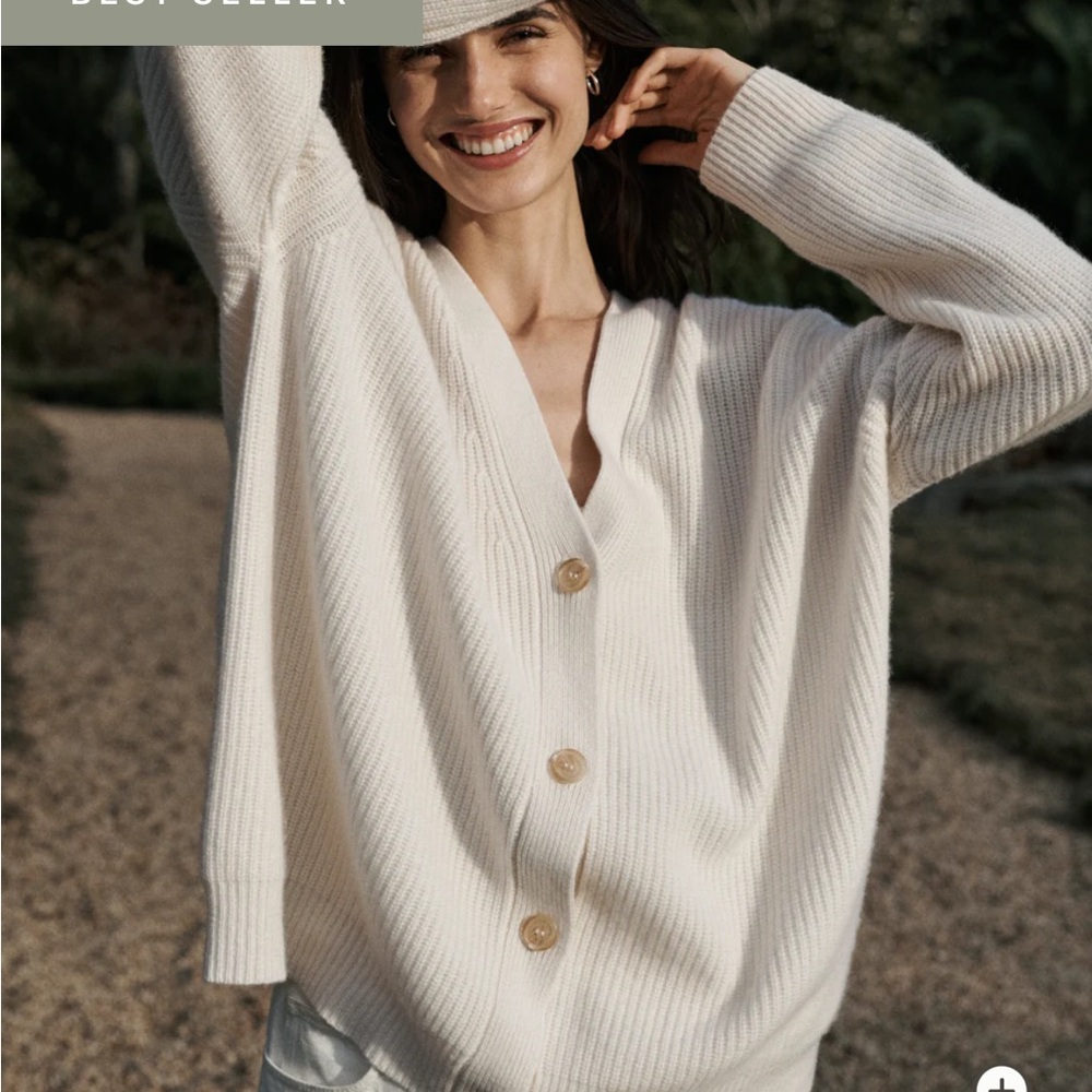 Jenni Kayne Cream Cardigan Sweater with Chunky Knit and Ribbed Texture